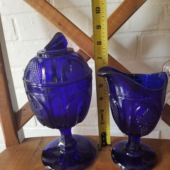 Imperial Glass Grape and Magnet Cobalt Large Creamer W/ Lid Sugar Bowl URANIUM - Picture 7 of 7